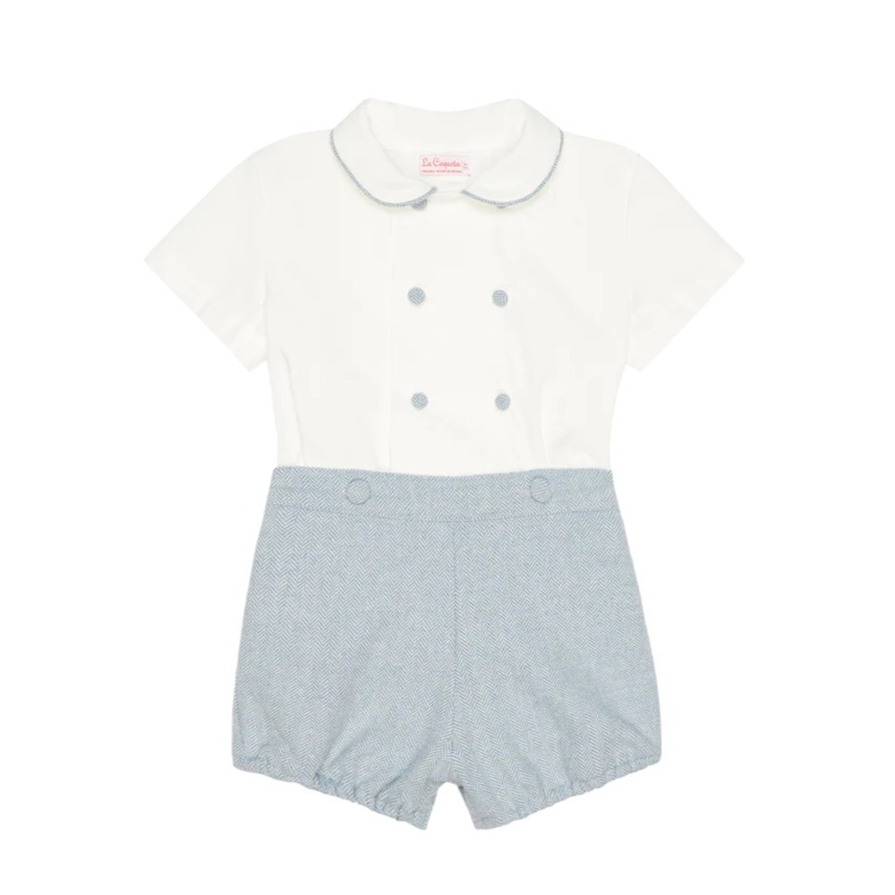 La Coqueta blue and white button on herringbone set